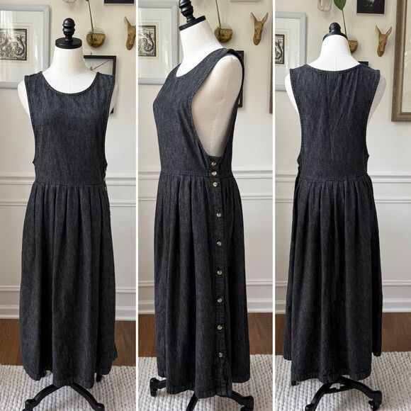 L.L. Bean Black Denim Chambray Cotton USA Jumper Dress 10 - Picture 1 of 8